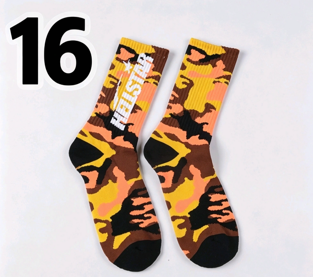 Hellstar Crew Socks, Hip Hop Streetwear Camo Spider Web Flame Star Print Socks, Unisex Mid Calf Athletic Socks For Men Women